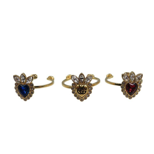 Gucci Crystal Heart 3 Strands GP Gold Red Blue Ring 1210