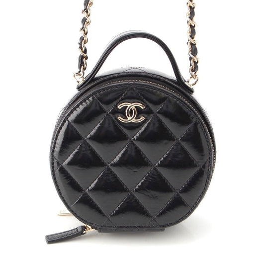 Chanel Shiny Lambskin Round Chain CC Logo Vanity Shoulder Bag Black