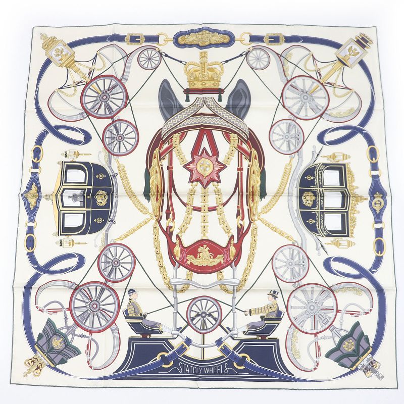 Hermes Carré 90 Stately Wheels 100% Silk Clesme / Bordeaux / Blue Current