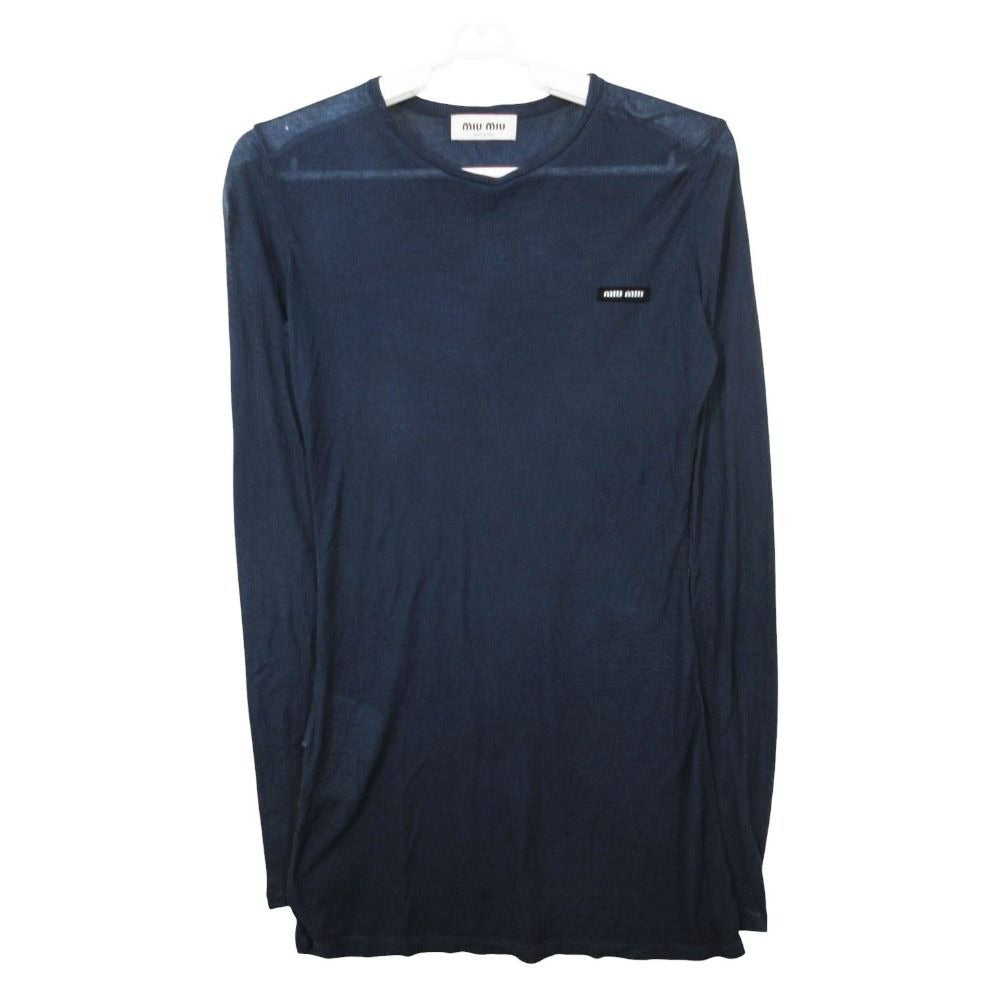 Miu Miu Ribbed Jersey Dress One Point Logo Navy XS