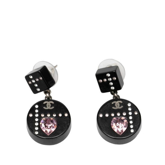 Chanel CC Logo Heart Earrings Silver Black Pink Metal Line Stone