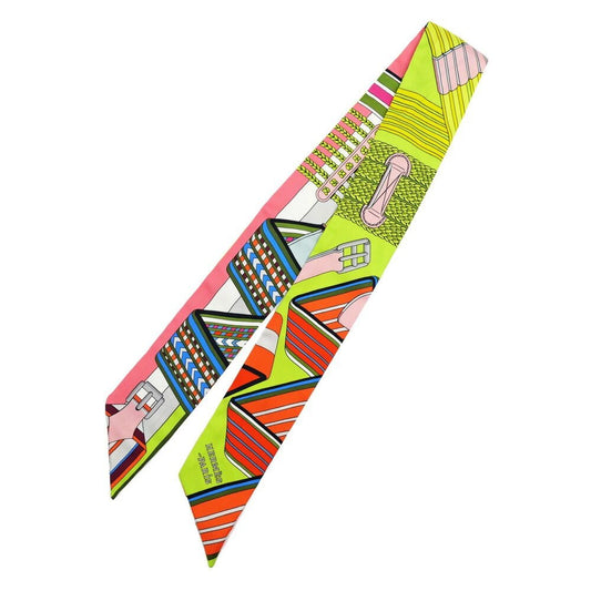 Hermes Twilly Belt Pattern Green Multicolor Silk Scarf