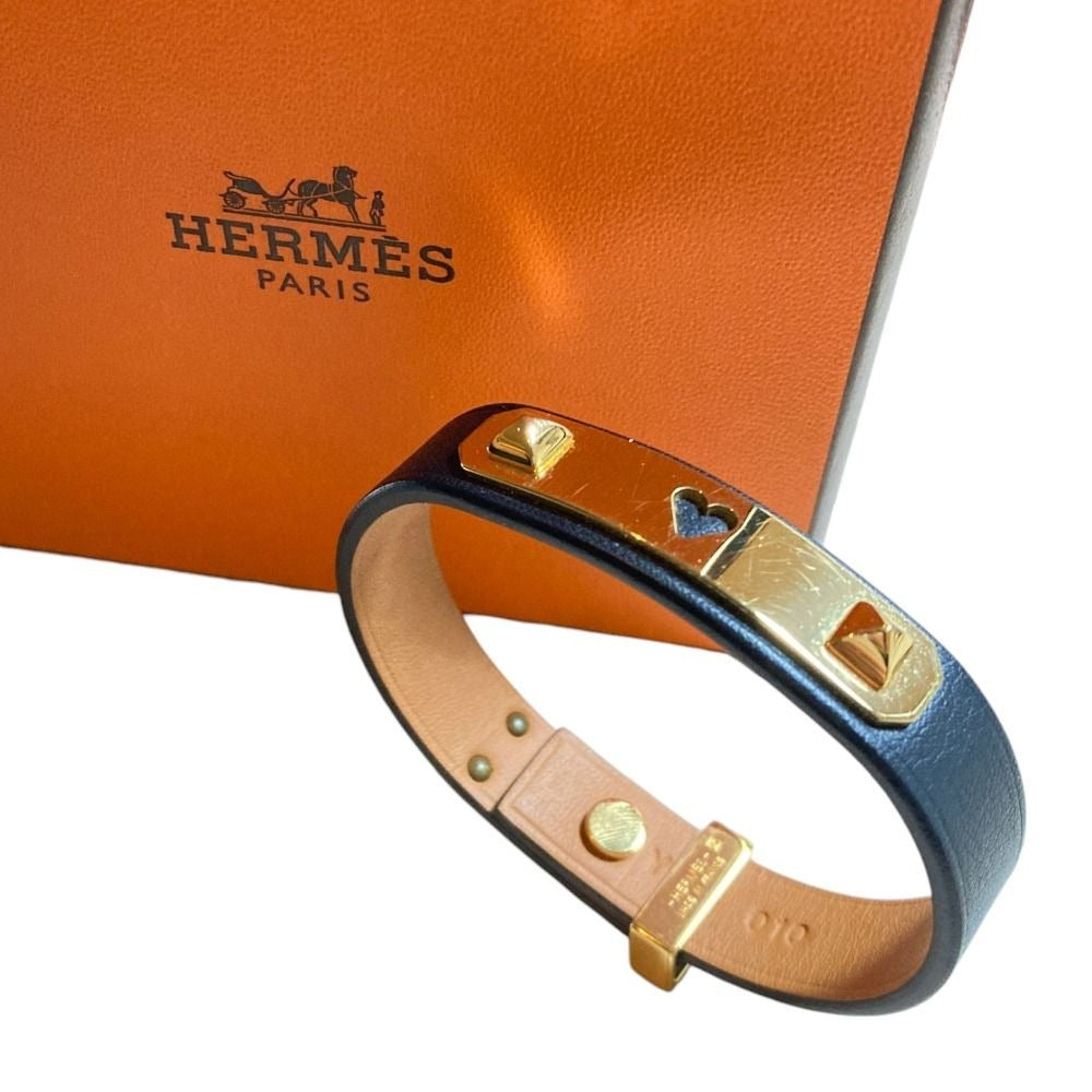 Hermes As de Coule Heart Mochif Leather Bracelet T2 Navy Gold Brand
