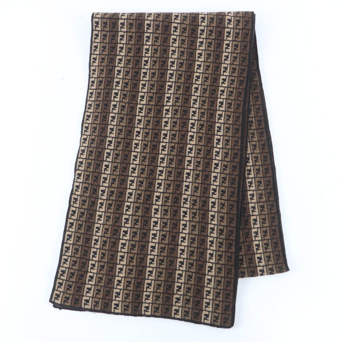 Fendi Wool FF Logo Micro Zucca Pattern Knit Scarf Brown