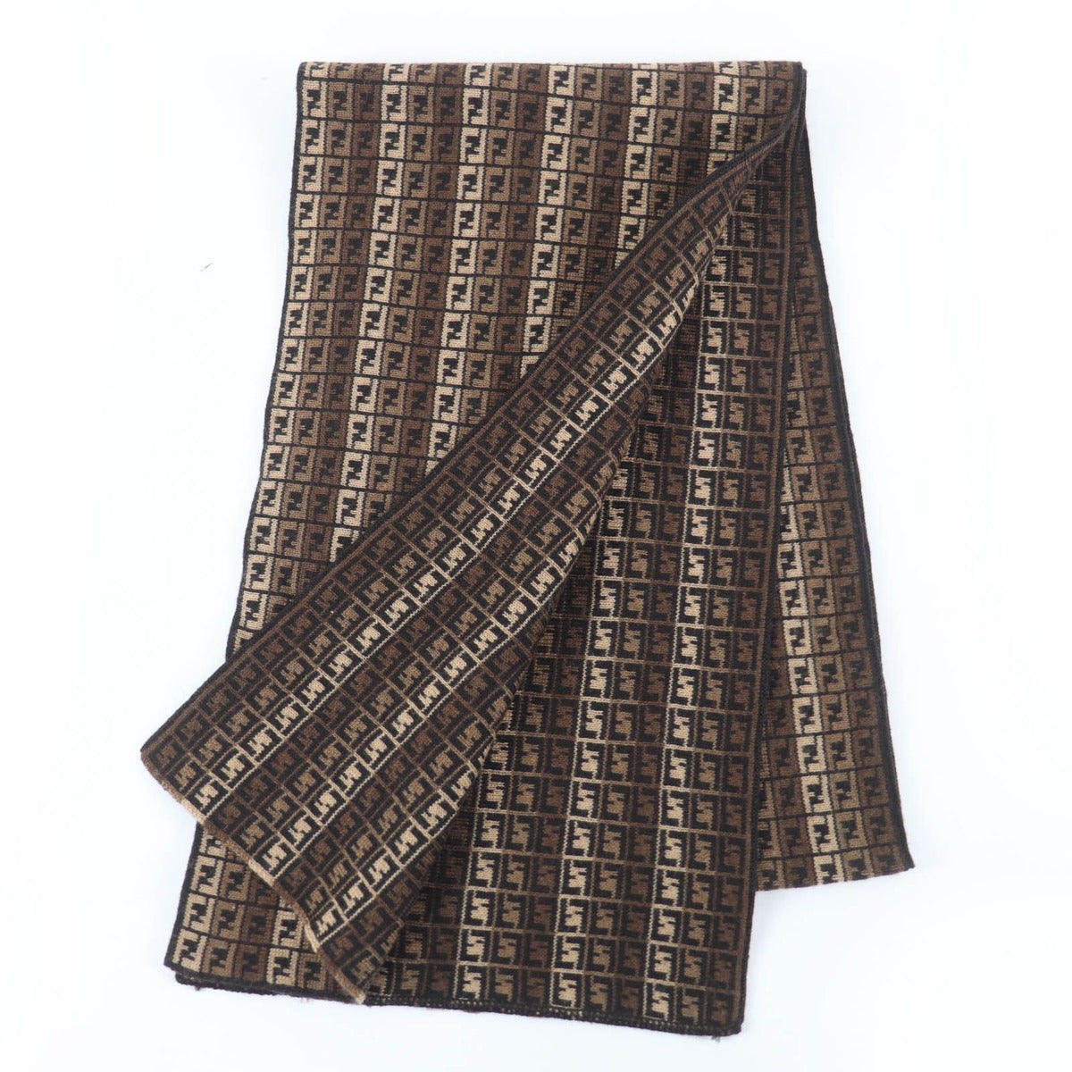 Fendi Wool FF Logo Micro Zucca Pattern Knit Scarf Brown — view 2