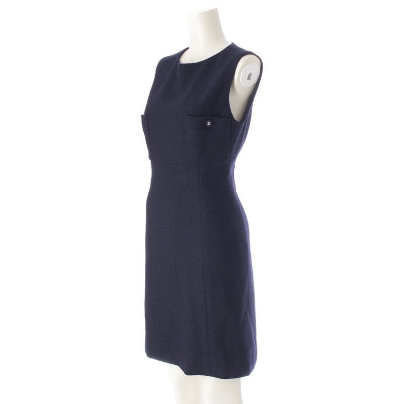 Chanel 96P Wool Coco Button Tweed Sleeveless Dress P06304 Navy 38