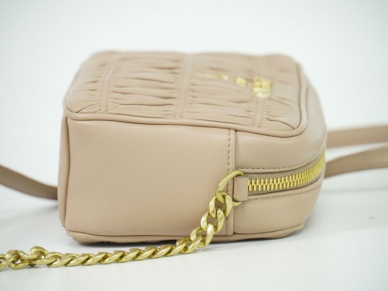 Authentic Prada Nappa Gaufre Chain Shoulder Bag Pochette Leather Pink Beige