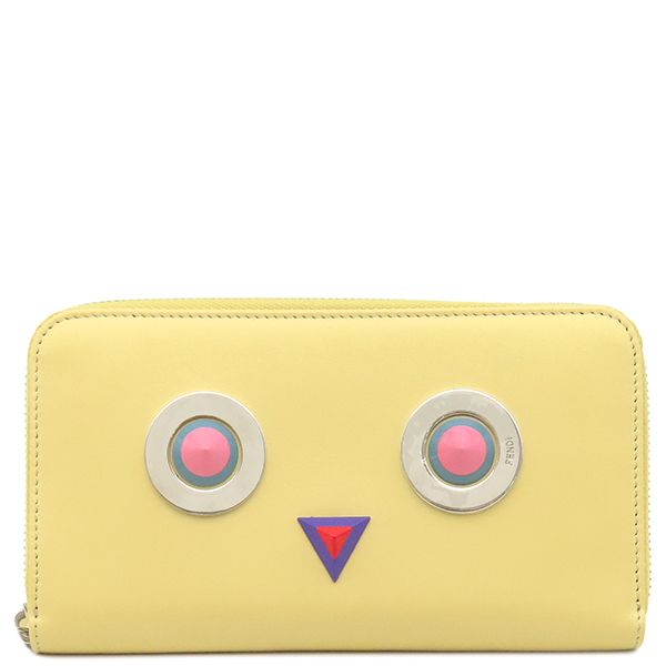 Fendi Long Wallet Robot Face Zip Around Leather Yellow Silver Hardware Round