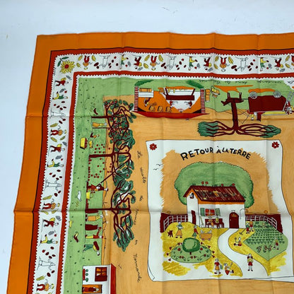 Hermes Carre 90 RE TOUR A LA Terre Homeward Silk Scarf Orange