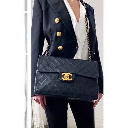 Authentic CHANEL Jumbo Maxi XL 24K Gold Flap Bag Lambskin Chain Shoulder Black — view 2