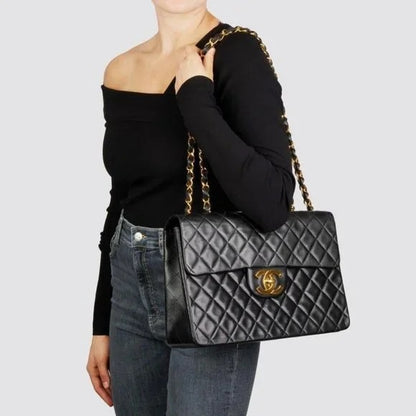 Authentic CHANEL Jumbo Maxi XL 24K Gold Flap Bag Lambskin Chain Shoulder Black — view 3