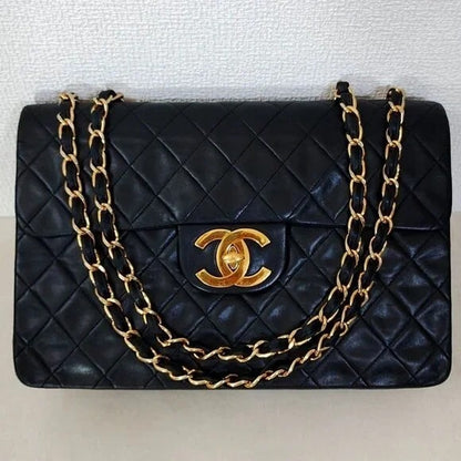 Authentic CHANEL Jumbo Maxi XL 24K Gold Flap Bag Lambskin Chain Shoulder Black