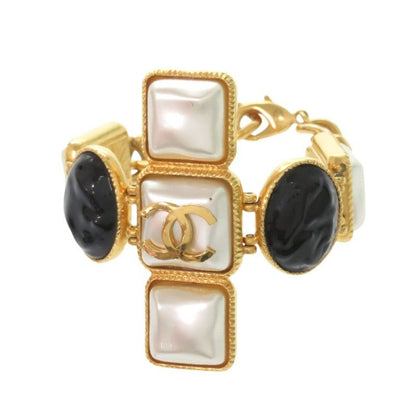Chanel Gripoix Coco Mark Bracelet GP B20 K Faux Pearl Colored Stone Gold White
