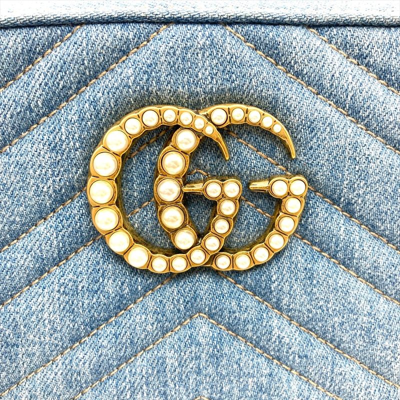 Gucci GG Marmont Quilted Shoulder Bag Denim 447632 Blue Faux Pearl Women