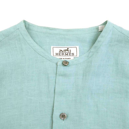 Hermes 22ss Linen Band Collar Shirt Turquoise Blue 38