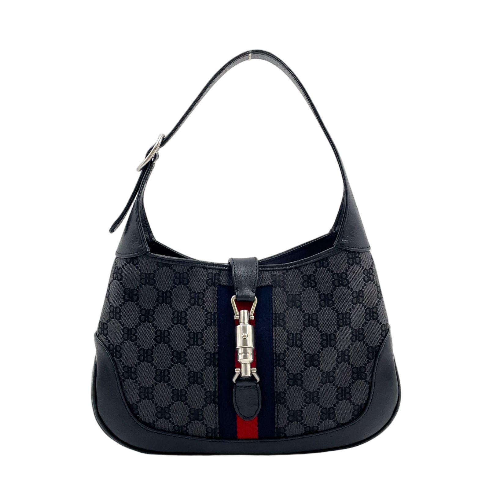 Gucci Jackie Leather Canvas Gray Black Multicolor Handbag Silver