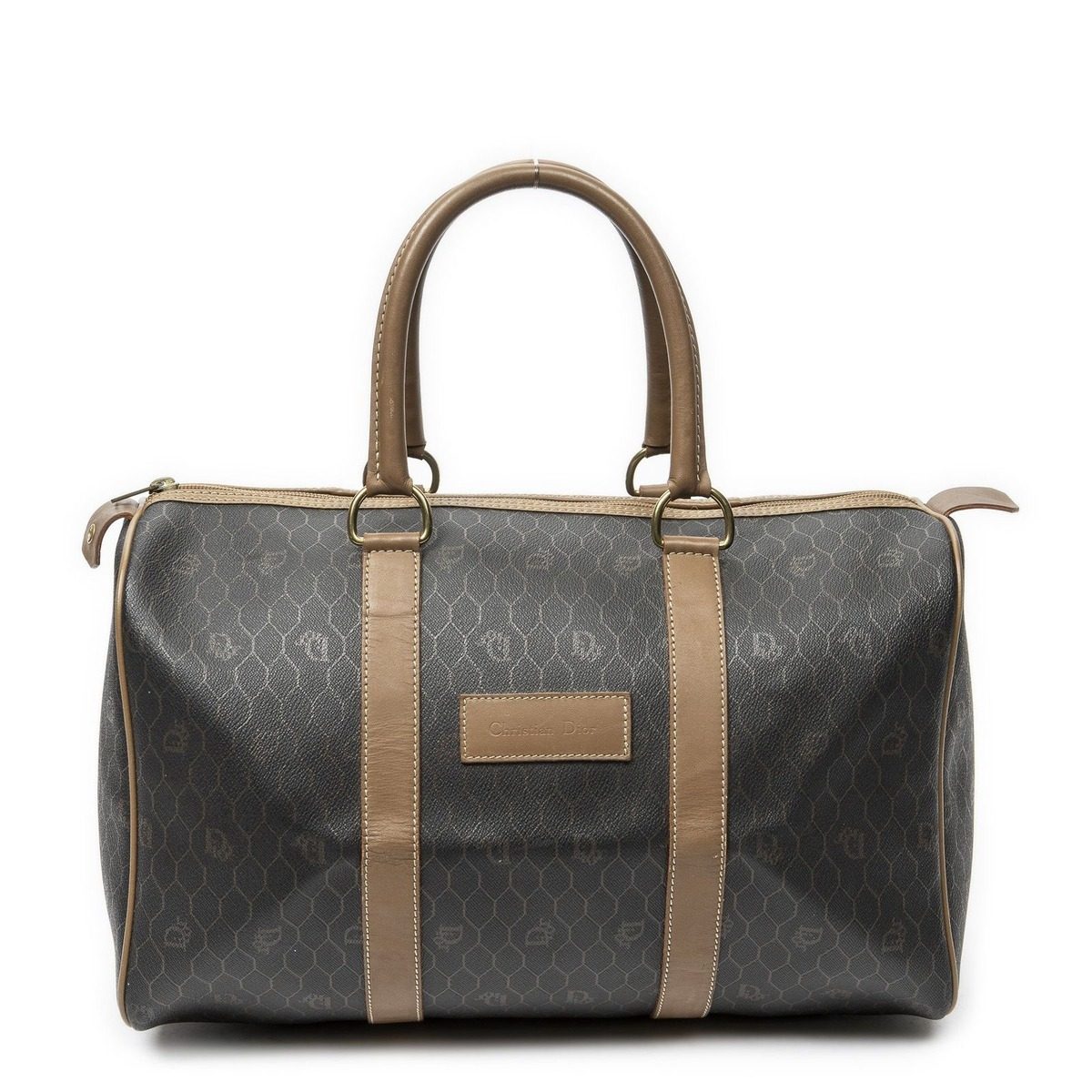 Dior Vintage Small Travel Boston Dark Gray Brown Honeycomb Canvas Shoulder Bag