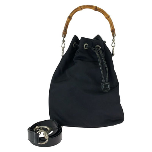 Gucci Bamboo Black Brown Nylon 001 2404 16570 Drawstring Shoulder Bag Handbag