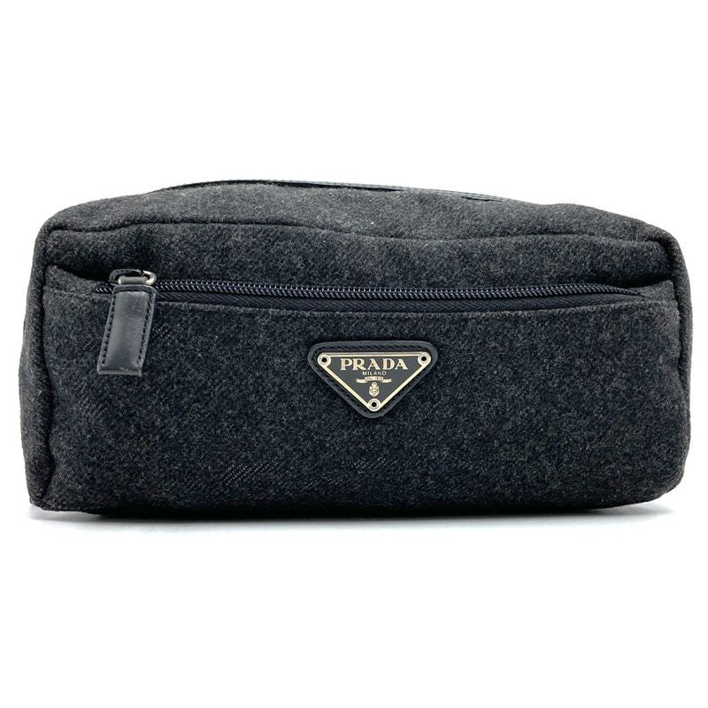 Prada Pouch Clutch Bag Small Bag Gray Wool Triangle Logo Fashion Women Men