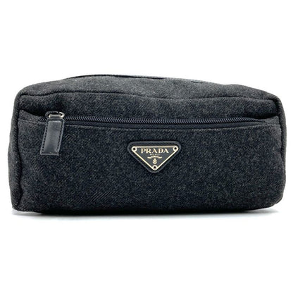 Prada Pouch Clutch Bag Small Bag Gray Wool Triangle Logo Fashion Women Men