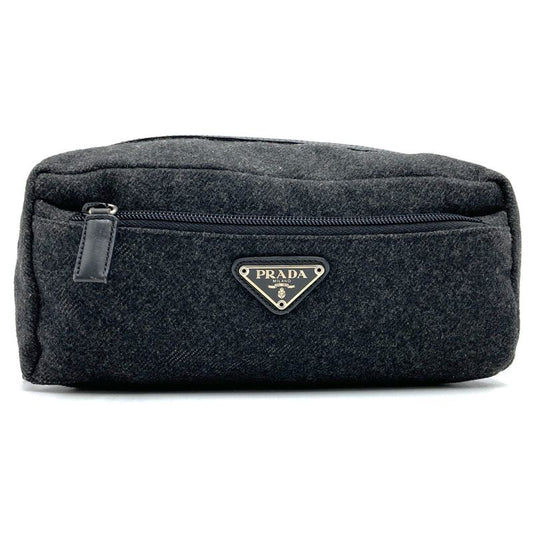 Prada Pouch Clutch Bag Small Bag Gray Wool Triangle Logo Fashion Women Men