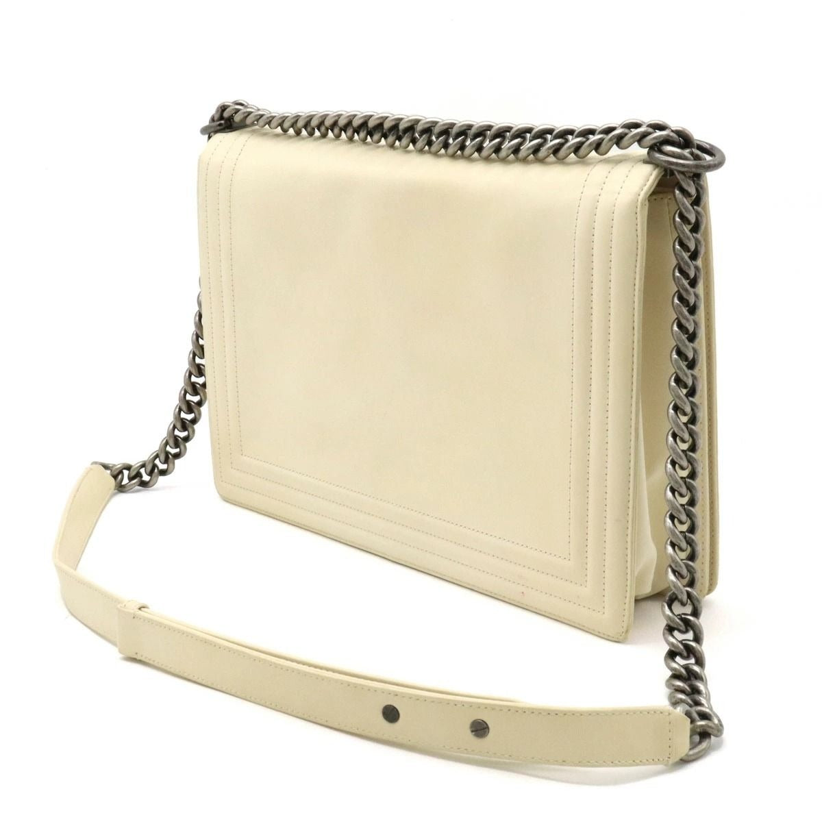 CHANEL Boy 30 Flap Bag Leather Quilted Chain Shoulder Bag Cream Ivory