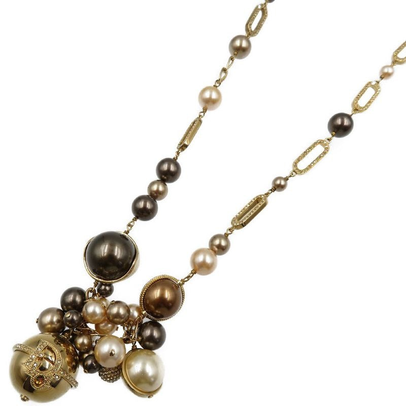 Christian Dior Pearl Chain Metal Faux Gold White Brown Necklace 0088