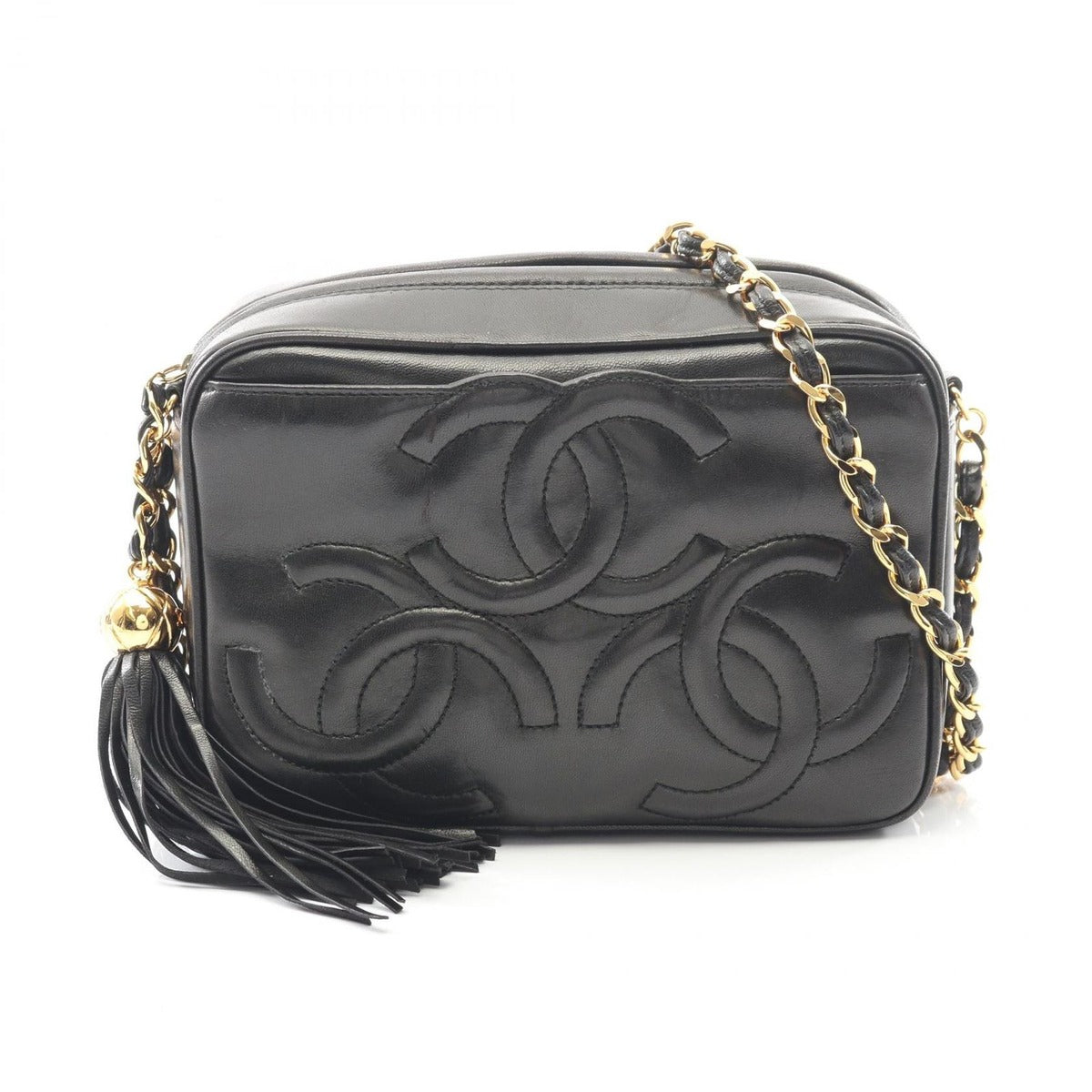 Chanel Shoulder Bag Triple CC Logo Black Lambskin Coco Fringe Small