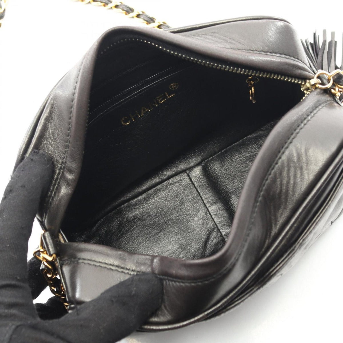 Chanel Shoulder Bag Triple CC Logo Black Lambskin Coco Fringe Small — view 3