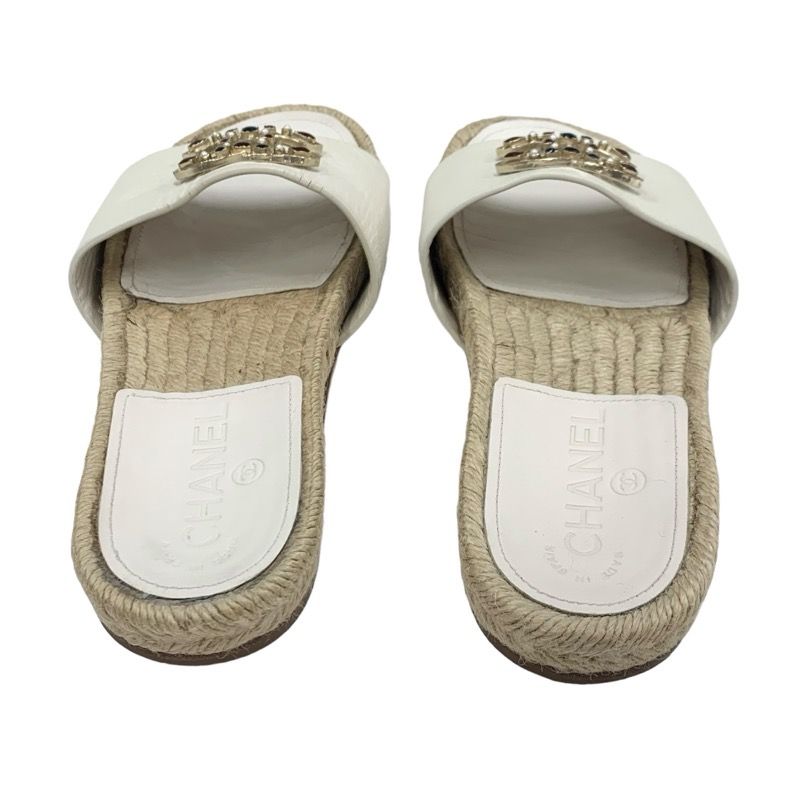 Chanel Sandals Shoes Leather White Gold Flat Sandals Coco Mark Colored Stone