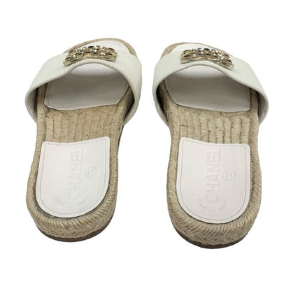 Chanel Sandals Shoes Leather White Gold Flat Sandals Coco Mark Colored Stone