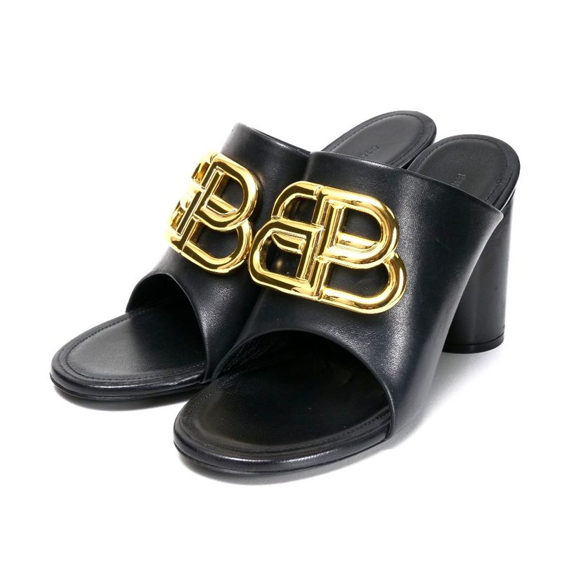 Balenciaga Sandals Size 35 BB Logo High Heel Cylinder Heel Leather Shoes