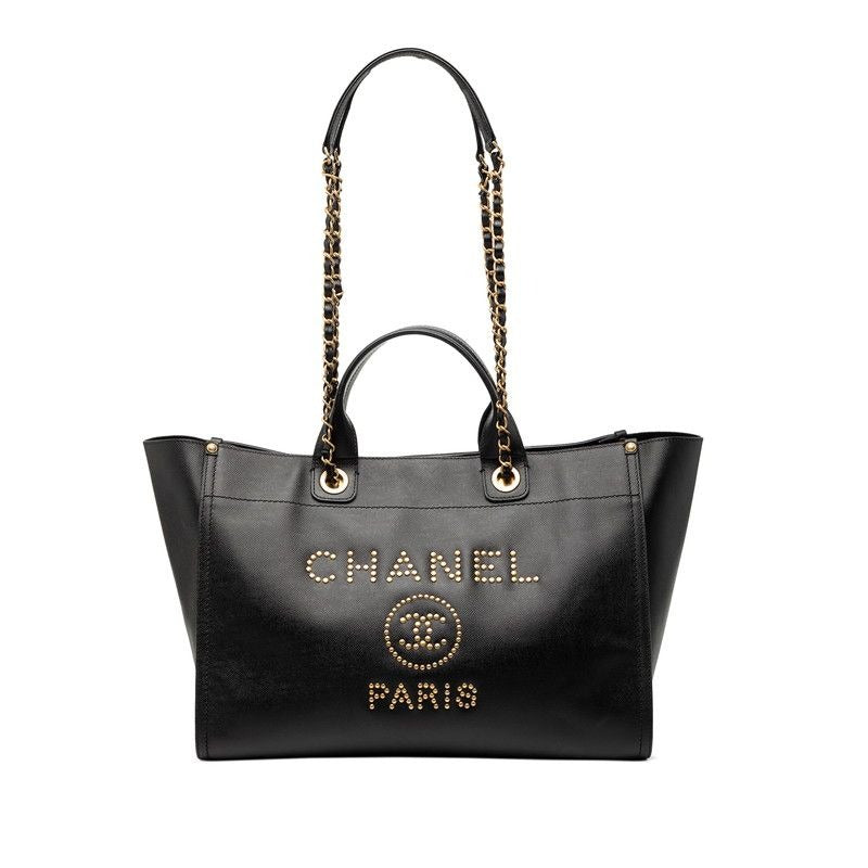 Chanel Deauville Logo Stud Tote Shoulder Bag 2-Way Black Caviar Leather