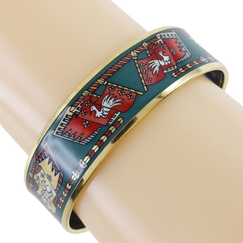 Hermes Emile GM Flag & Bird Cloisonne Gold Plated Green Ladies 35g Bangle