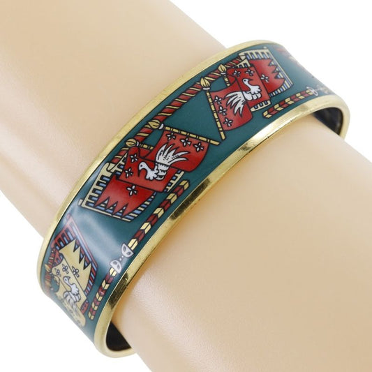 Hermes Emile GM Flag & Bird Cloisonne Gold Plated Green Ladies 35g Bangle