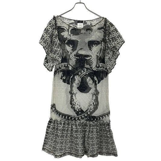 Chanel Lion Coco Mark Chiffon Dress Black White 38