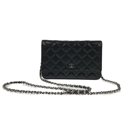 Chanel Quilted Caviar Leather Chain Wallet Silver Hardware Black