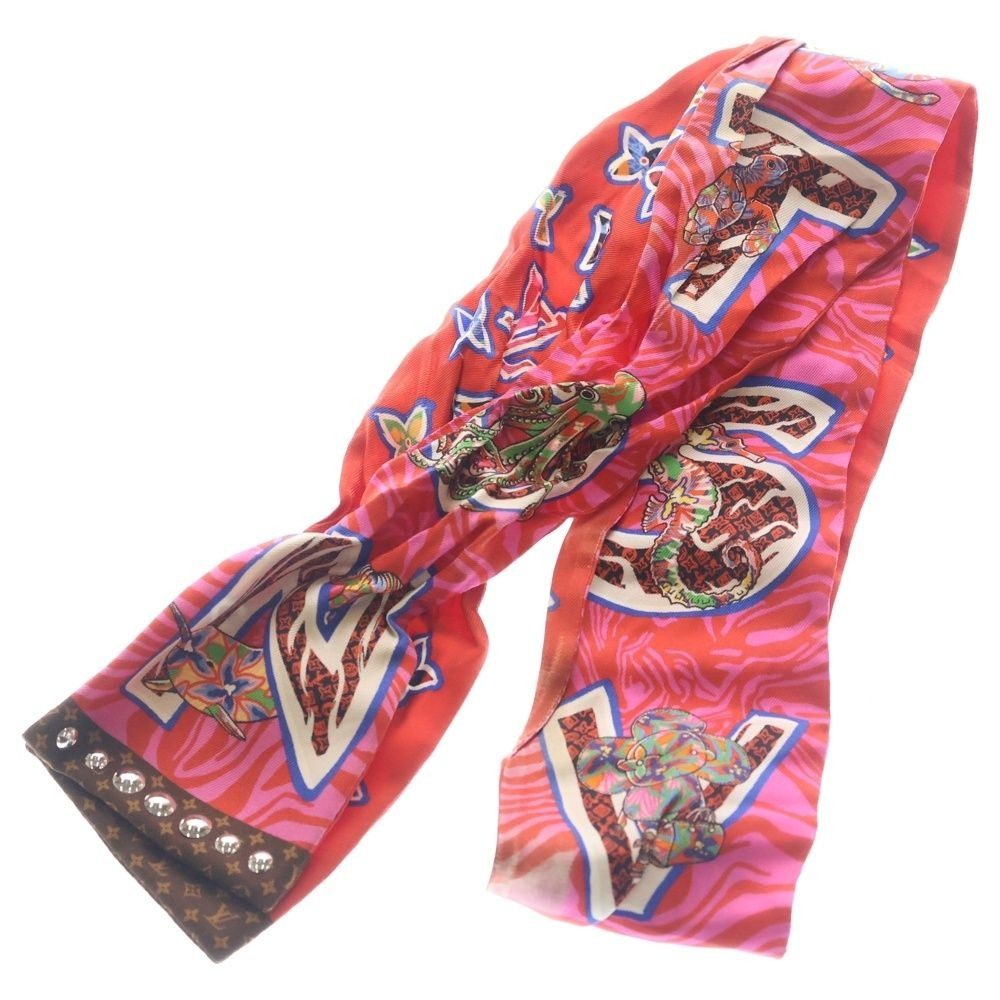 Louis Vuitton Studded Monogram Bandeau Silk Scarf Red Brown