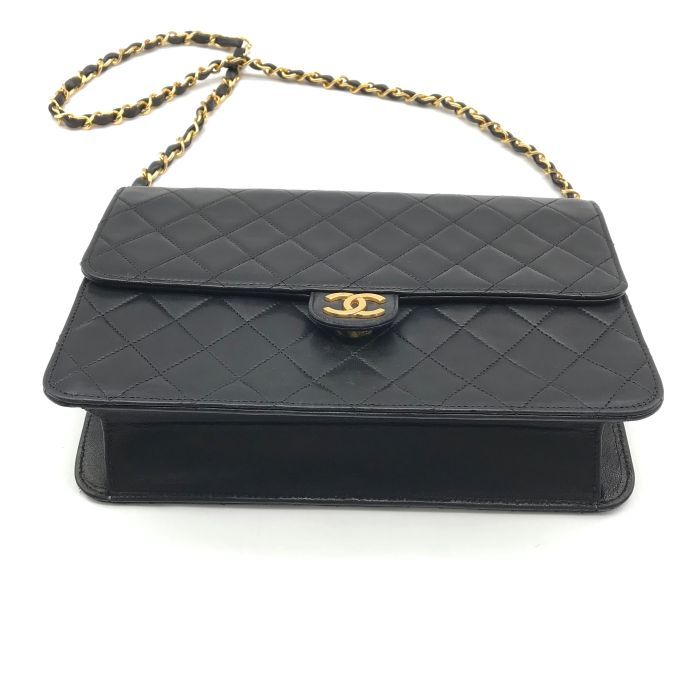 Chanel CC Logo Lambskin Leather Quilted Push Lock Chain Shoulder Bag Black