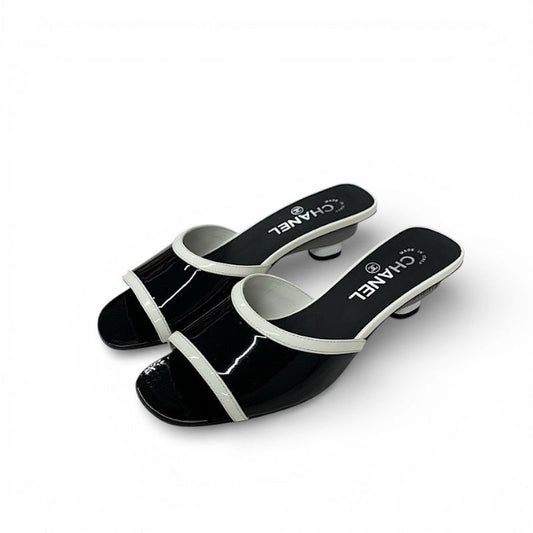 Chanel Sandals Shoes Patent Black White Logo Mule