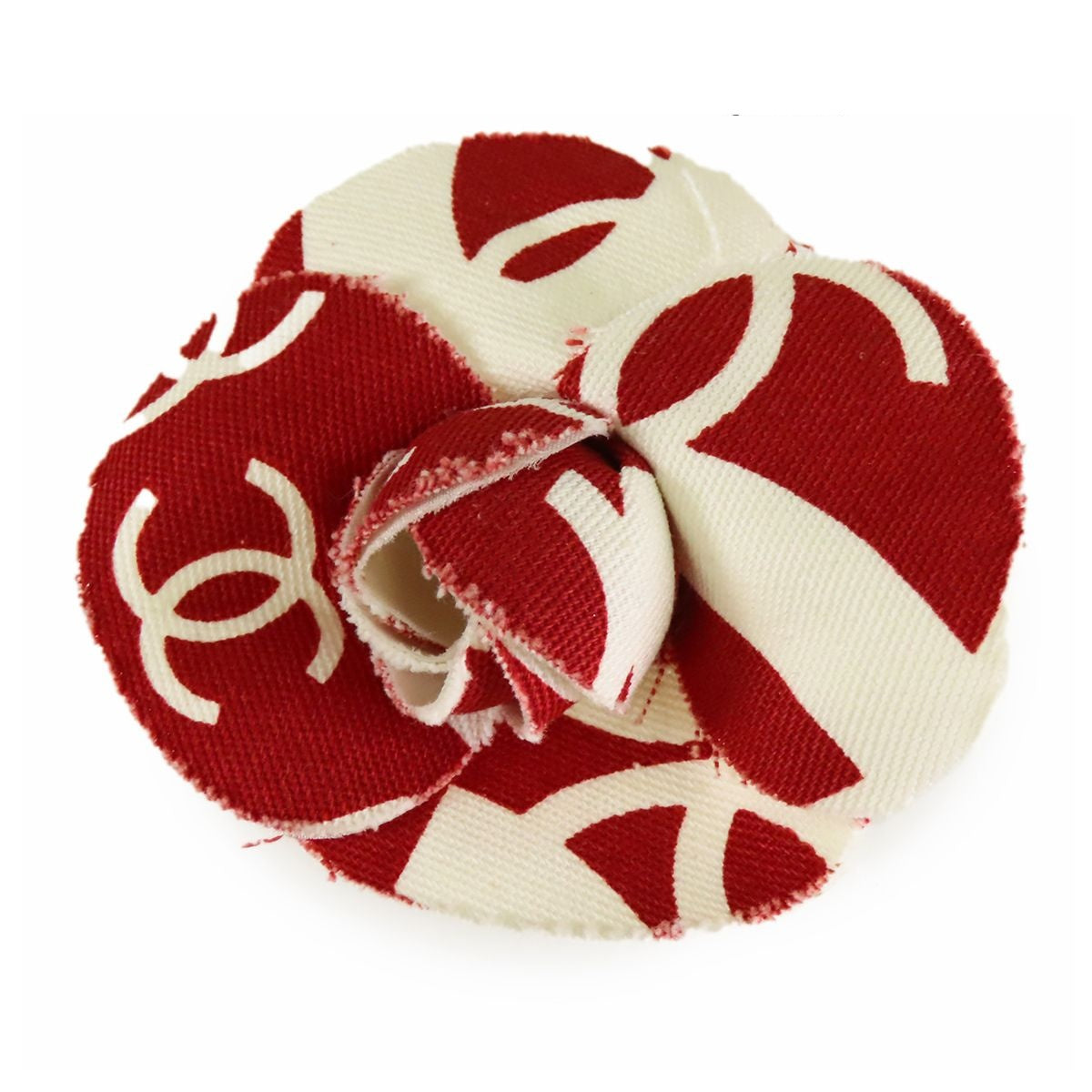 Chanel Camellia Corsage Red White Gold Canvas CC Logo Brooch