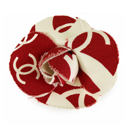 Chanel Camellia Corsage Red White Gold Canvas CC Logo Brooch