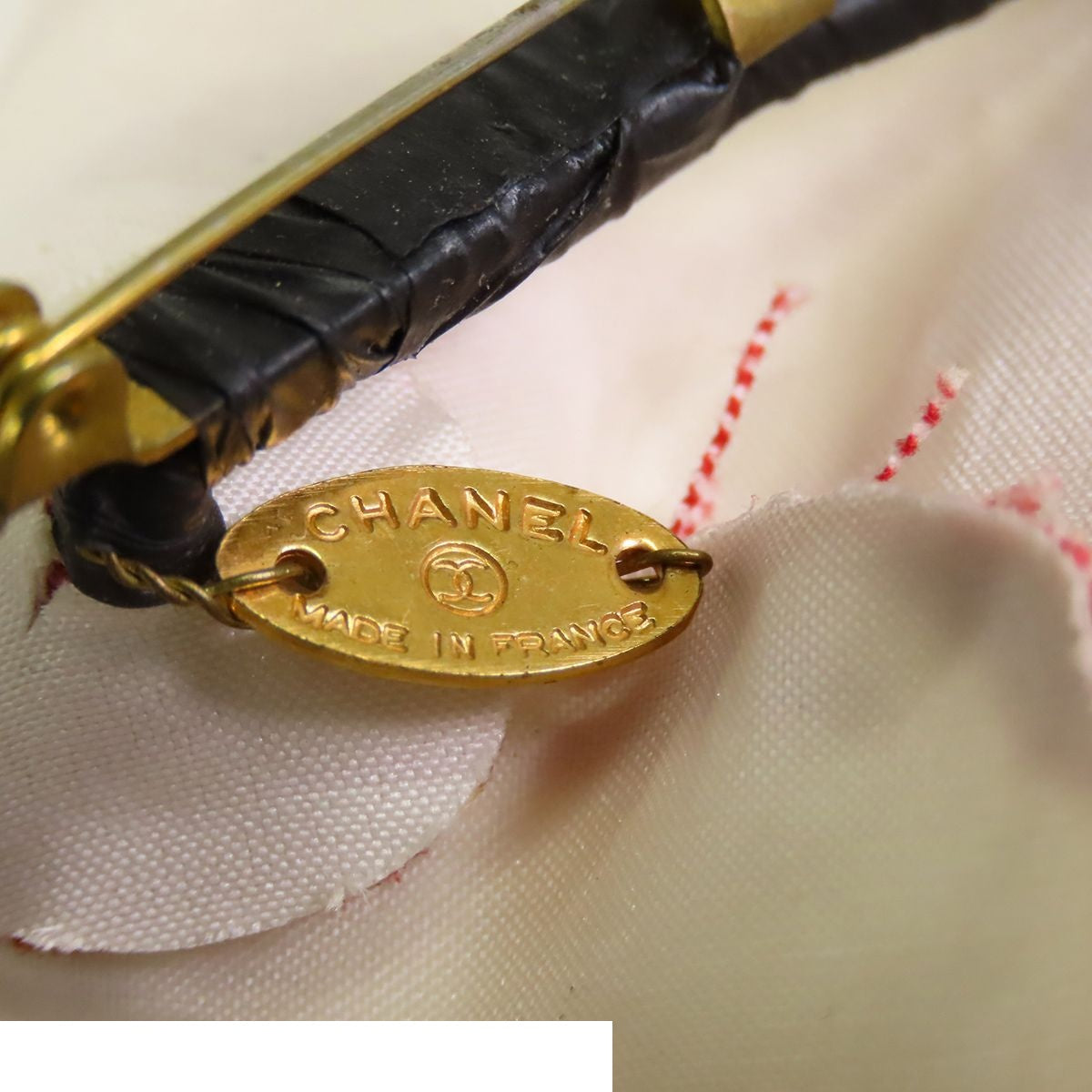 Chanel Camellia Corsage Red White Gold Canvas CC Logo Brooch — view 3