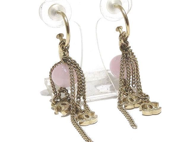 Chanel 09A Chain Earrings Coco Mark Gold Color With Pinkish Stone Ladies