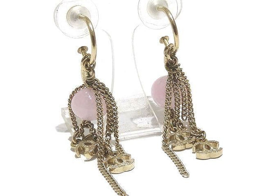 Chanel 09A Chain Earrings Coco Mark Gold Color With Pinkish Stone Ladies