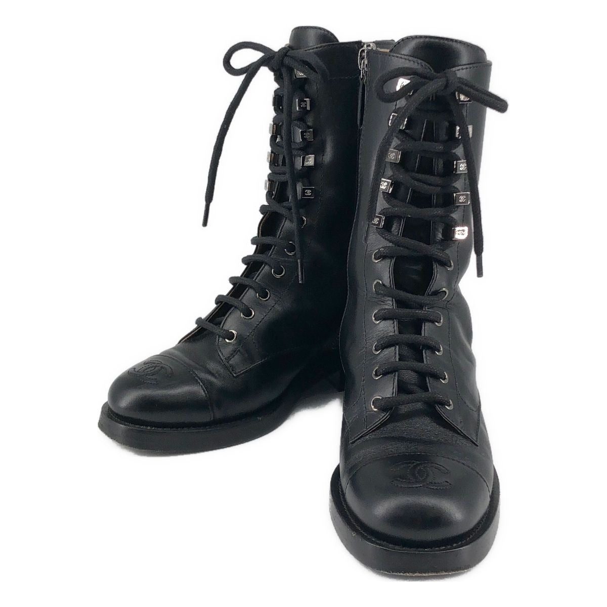 Chanel CC Logo Side Zip Lace Up Boots 36.5 Black