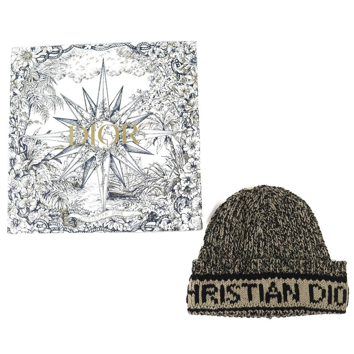 Dior Christian Wool Cashmere Logo Knit Cap Beige Black — view 2