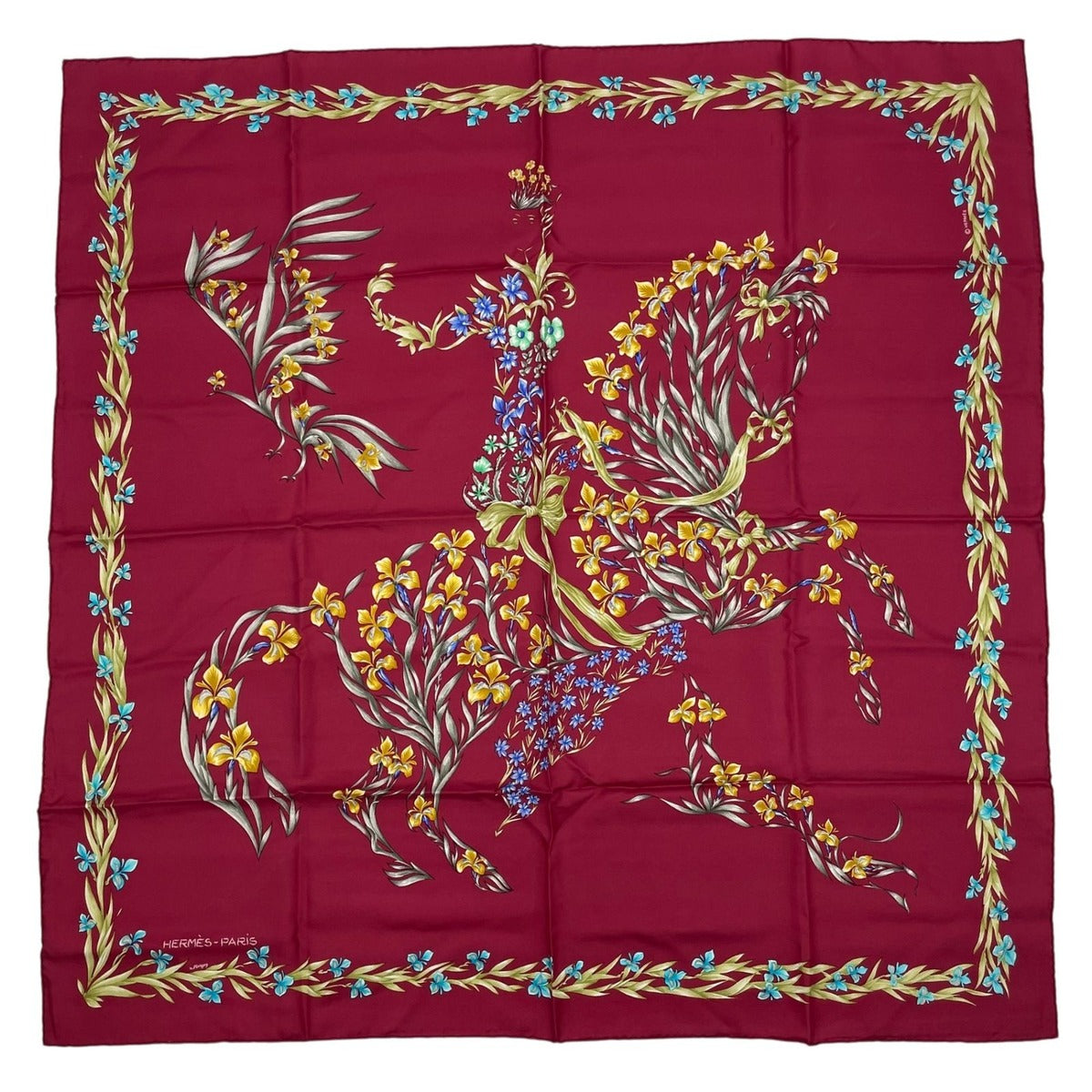 Hermes Scarf Silk Carre 90 Cheval Fleuri Flower Blooming Horse Bordeaux