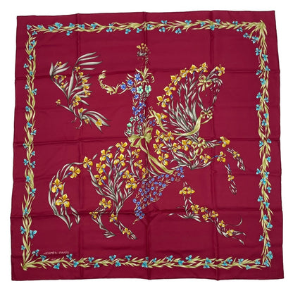 Hermes Scarf Silk Carre 90 Cheval Fleuri Flower Blooming Horse Bordeaux