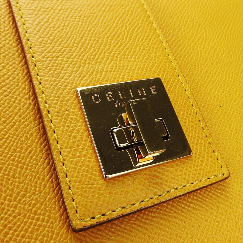 Celine Shoulder Bag Leather Yellow Gold Hardware Shape Push Turnlock Ladies